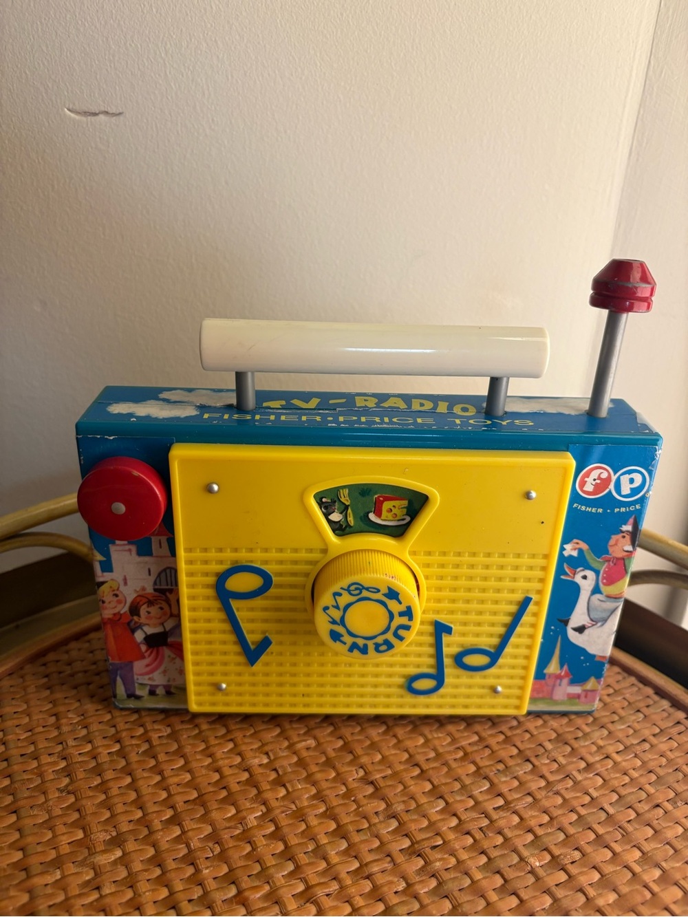 Vintage Fisher-Price Yellow & Blue Musical Toy Radio with White Handle